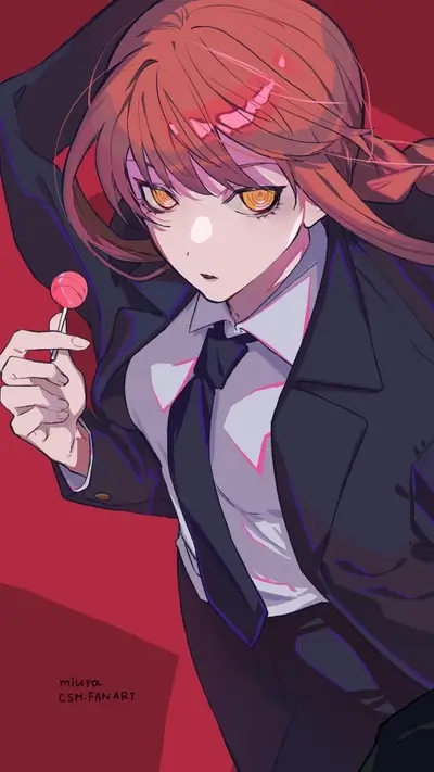 Woman in black suit with a lollipop, with detailed hair