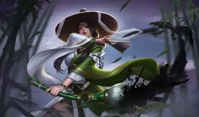 Woman in green robe holds large paintbrush