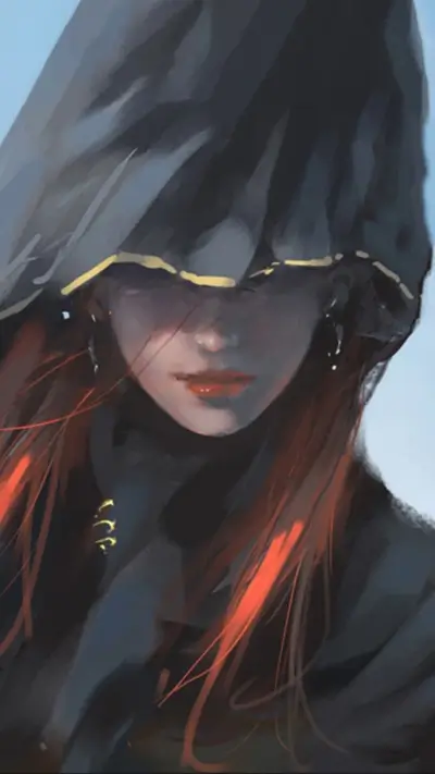 Woman in hooded cloak with red hair, eyes shadowed
