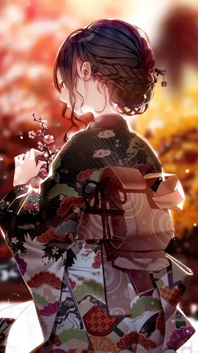 Woman in kimono admiring plum blossoms in tranquil, stylized scene