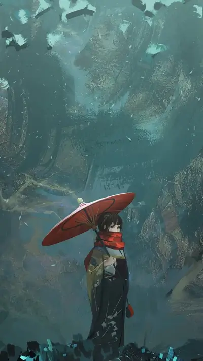 Woman in kimono under a red umbrella