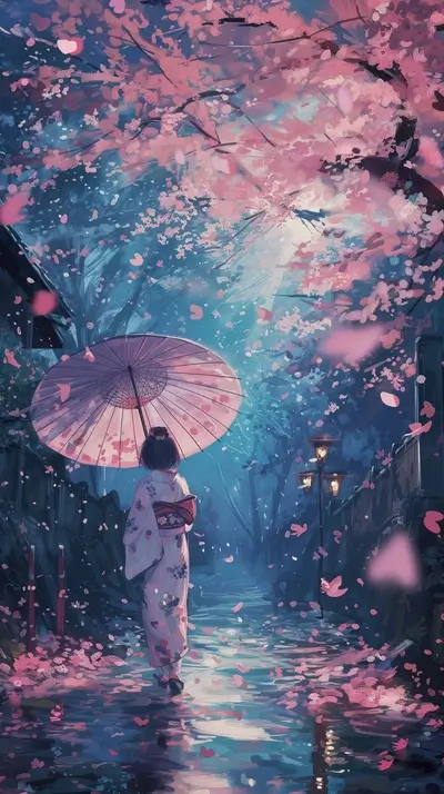 Woman in kimono walking under cherry blossoms