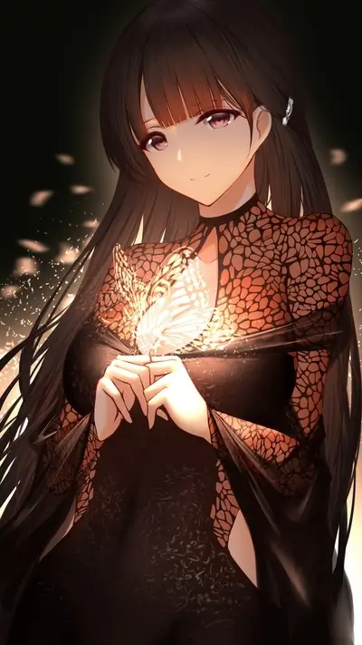 Woman in ornate dress holding glowing butterfly