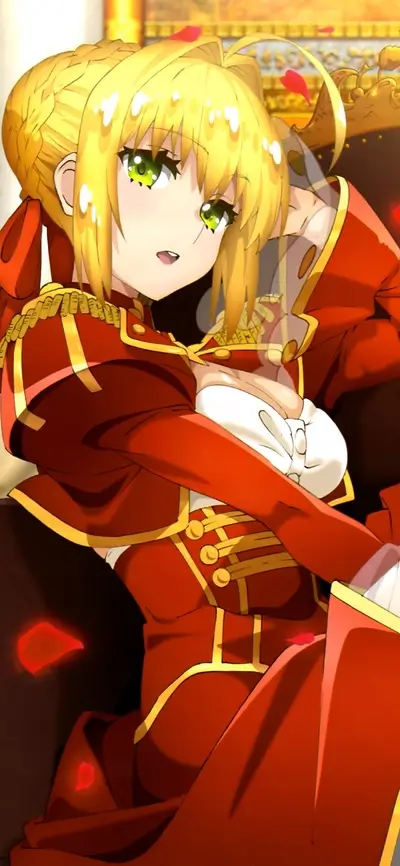 Woman in red and gold costume, roses falling