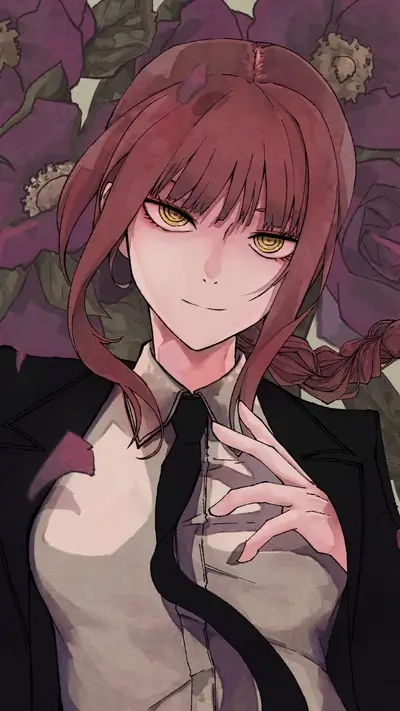 Woman in suit, burgundy hair, golden eyes, and menacing gaze against purple flower background