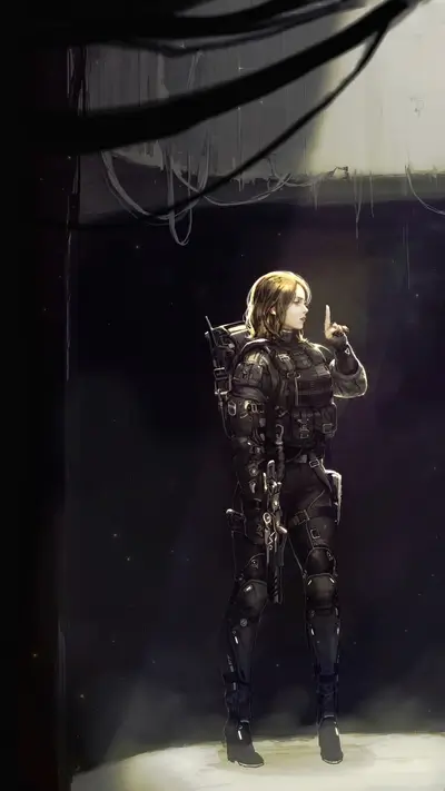 Woman in tactical gear with gun, holding her finger to her lips.