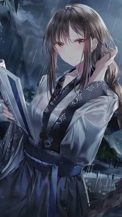 Woman in traditional clothing reading book, standing in rain, dark mountainous background