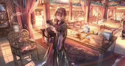 Woman in traditional dress lovingly embraces black cat, oriental architecture backdrop.