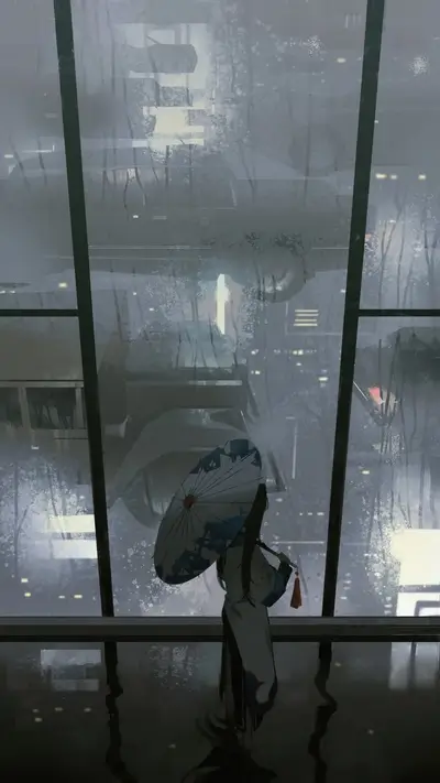 Woman looking out window with umbrella, futuristic city scenery in the background