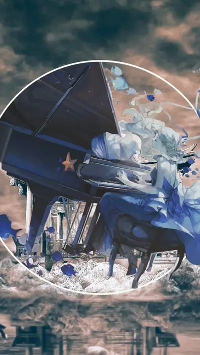 Woman playing piano in surreal, dreamlike setting with stars and architectural details