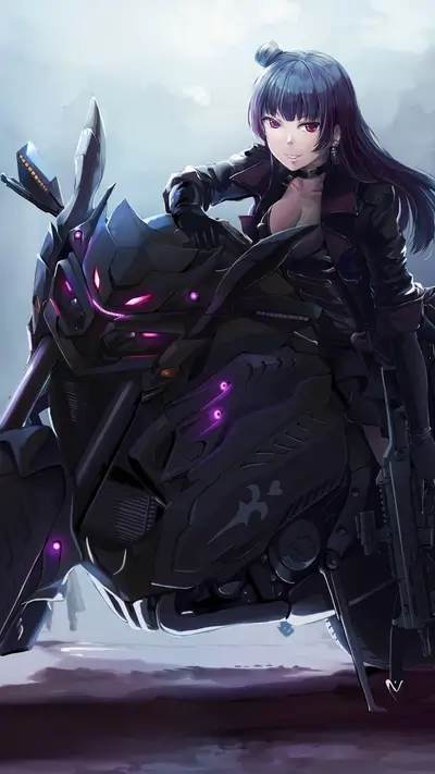 Woman sitting on a futuristic motorcycle, ready for action
