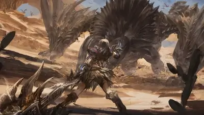 Woman warrior facing giant creature in a desert landscape