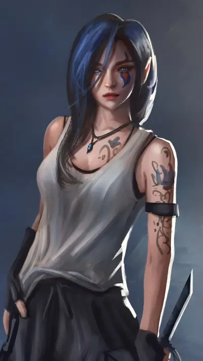 Woman warrior with tattoos, tank top, sword, blue accents in her dark hair