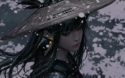 Woman wearing a hat in snowy weather looking downward with a calm, introspective gaze