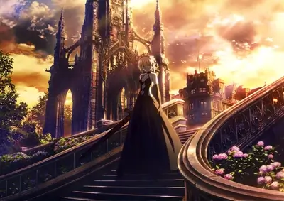 Woman wearing black gown on steps leading to gothic castle during sunset.