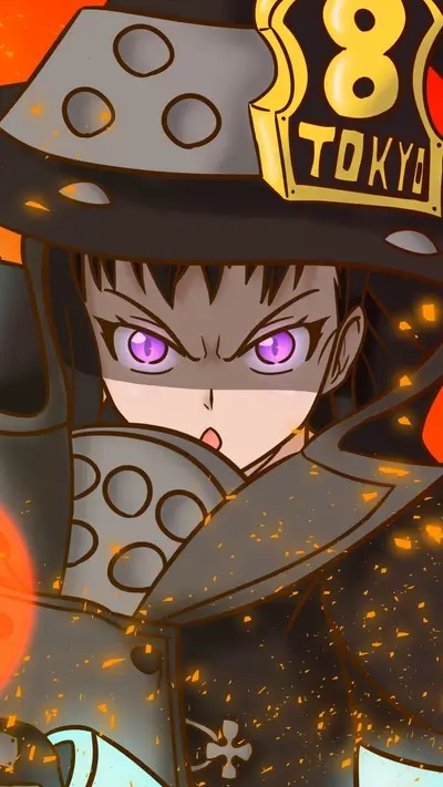 Woman wearing dark uniform with badge, purple eyes, surrounded by fire sparks