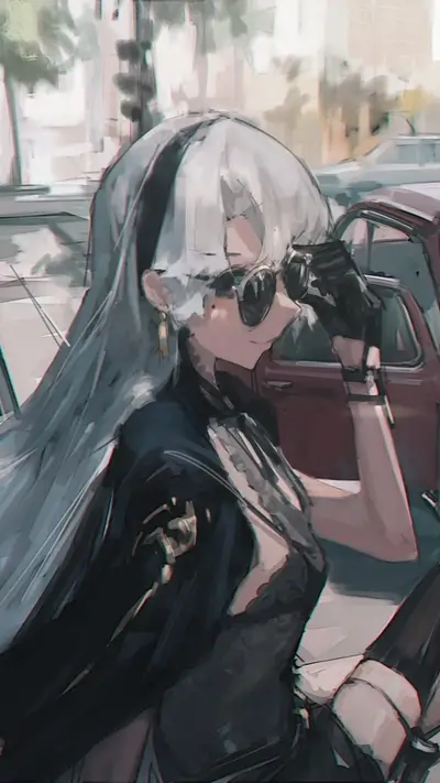Woman wearing sunglasses, black dress, and driving a red car