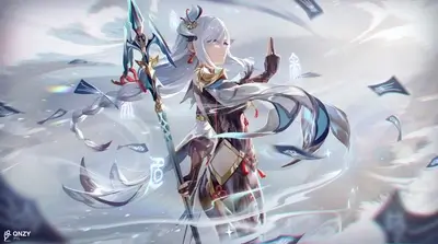 Woman with a spear, white hair, and mystical elements in the sky