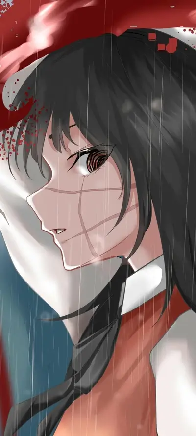 Woman with bandages on face and spiral eye, in rain