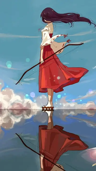 Woman with bow and arrow standing on water with her reflection