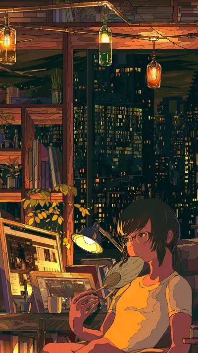 Woman with glasses is working on a computer late at night
