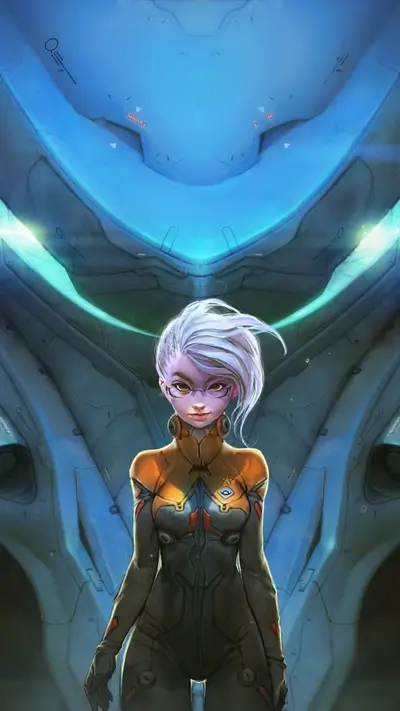 Woman with glasses, jumpsuit and white hair standing in front of complex machine