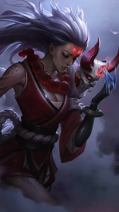 Woman with gray hair and a red mask looking down.