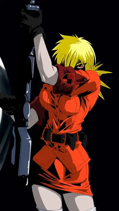 Woman with gun, wearing an orange uniform with black accessories