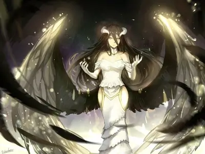 Woman with large wings and horns wearing a white dress
