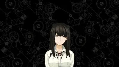Woman with long dark hair against mechanical line pattern background