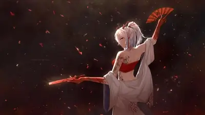 Woman with pale hair, red horns, tattoos, and a fan in fiery background