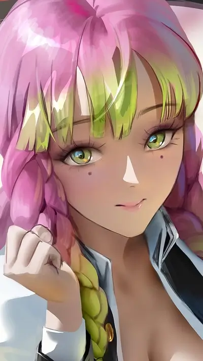 Woman with pink and green hair and piercing eyes