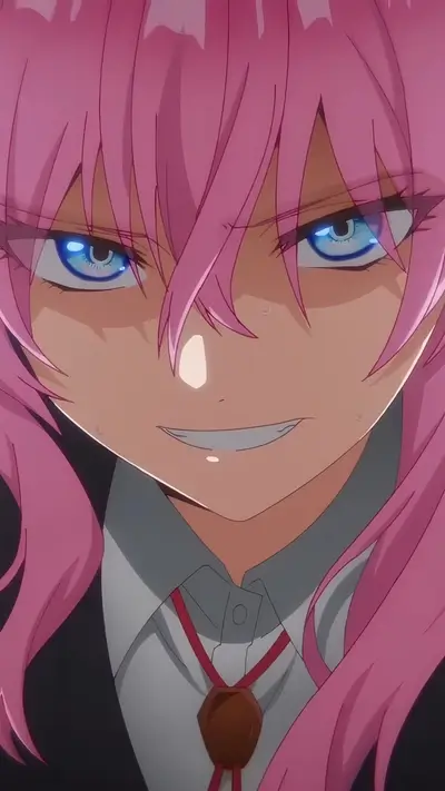 Woman with pink hair and menacing stare is up close and personal