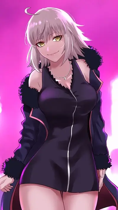 Woman with platinum hair in dark dress and jacket
