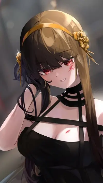 Woman with red eyes, black dress, and headpiece