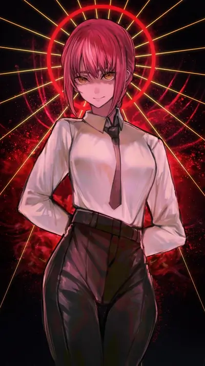 Woman with reddish pink hair and hypnotic eyes, posing in front of a glowing background.