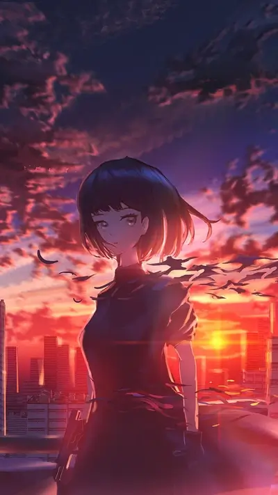 Woman with short dark hair, standing on rooftop with sunset, city backdrop