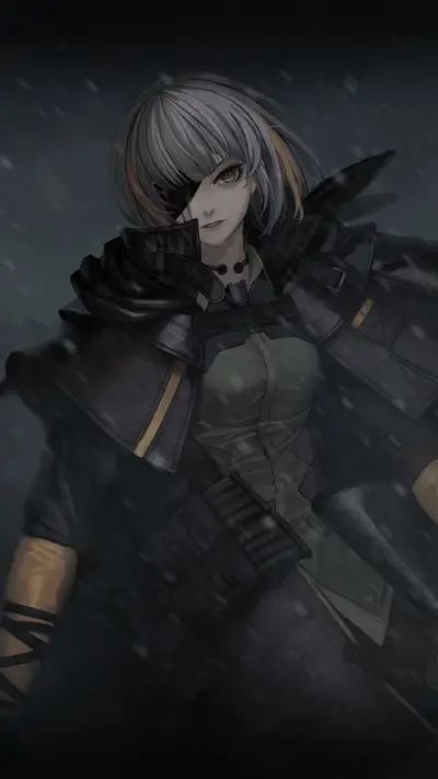 Woman with silver hair, eye patch, dark clothing in snowy ambiance