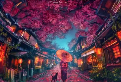 Woman with umbrella and cat walking through a city covered in cherry blossoms.