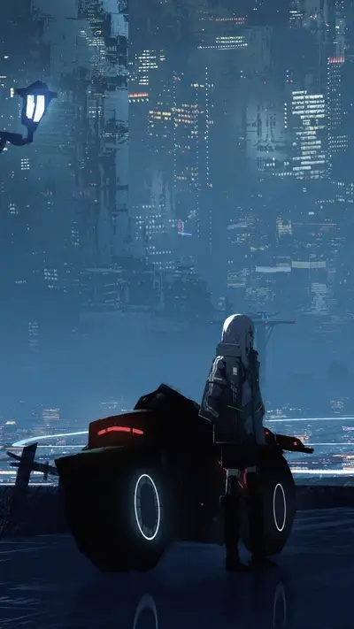 Woman with white hair standing next to a vehicle in a futuristic city