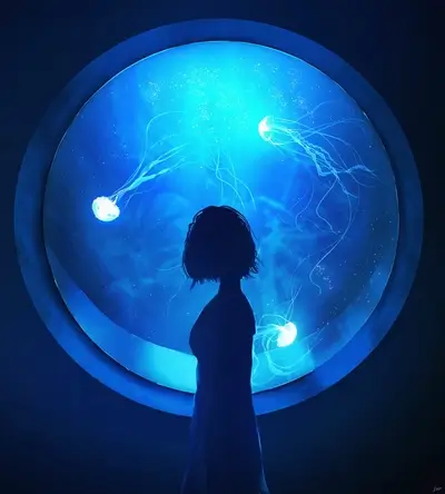 Woman's silhouette stands before jellyfish in tank