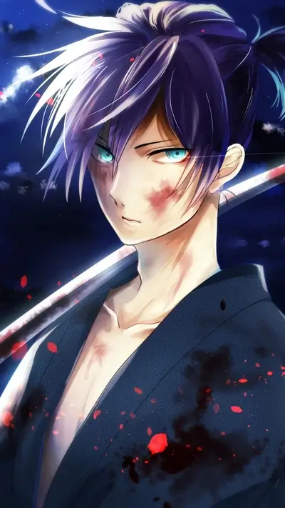 Wounded anime swordsman looks stern, sword visible over shoulder.