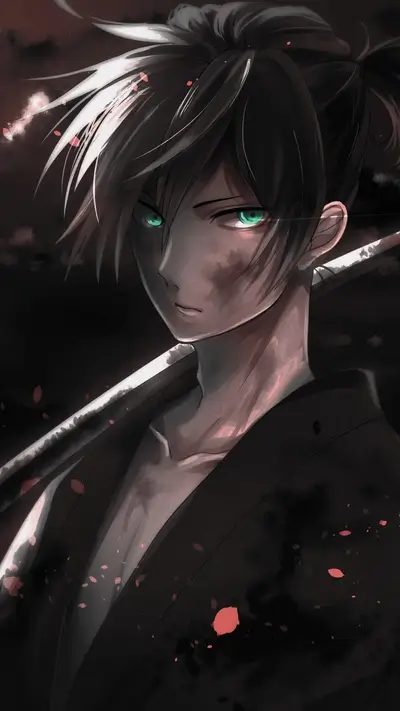 Wounded anime warrior with katana and striking green eyes stares intensely.