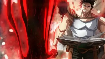 Yami Sukehiro casting dark magic, holding grimoire, powerful stance, red aura