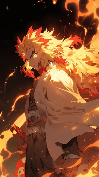 Yellow hair and white haori amidst swirling flames and bright embers