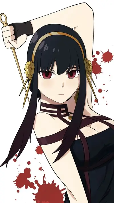 Yor Forger with weapons and splatters of blood