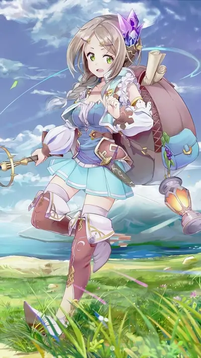 Young adventurer with magic staff, lantern, and scroll, joyfully in meadow.