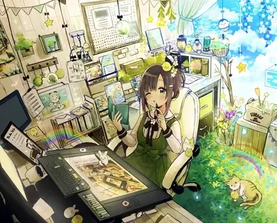 Young artist in a charming, colorful studio, surrounded by plants and soft light