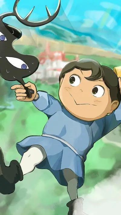 Young boy falling through air with shadow companion against bright landscape