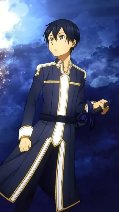 Young boy in dark blue uniform, holding a sword